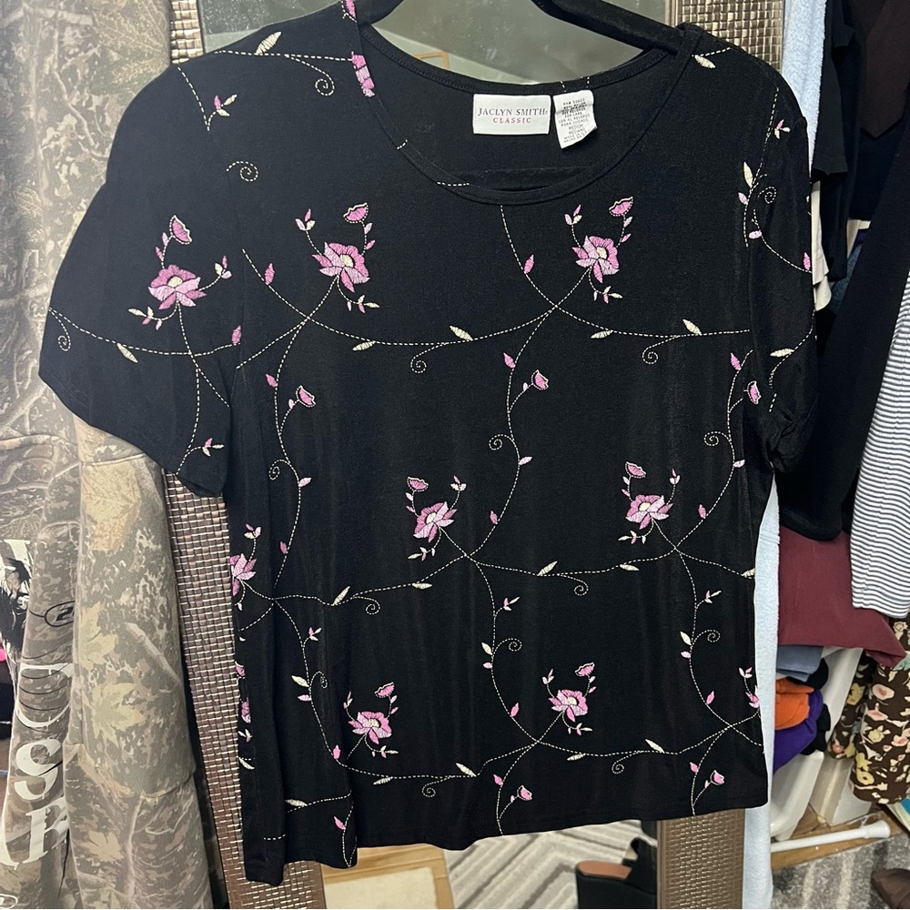 Jaclyn Smith Black Short-Sleeve Top with Pink Floral Embroidery
